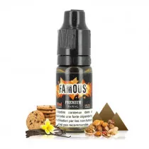 E-liquide famous premium de chez e-liquid france, saveur tabac blond, vanille, biscuit cookies parfum fruits à coque, pas cher.